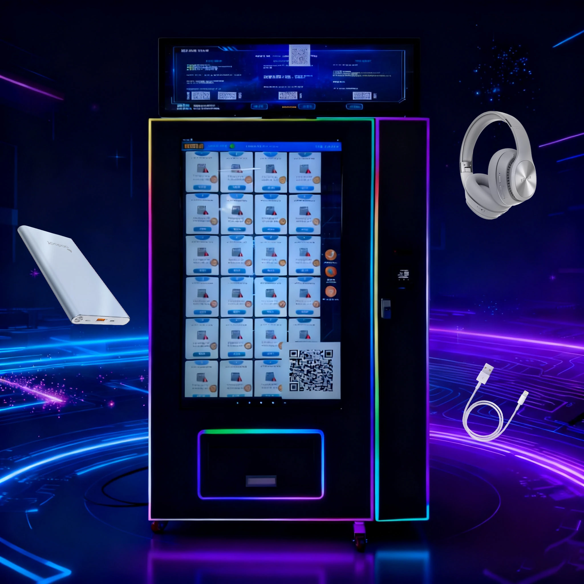 Weimi Large Touchscreen Electronics Vending Machine with LED Strips & Top Screen - For Earphones/Power Banks