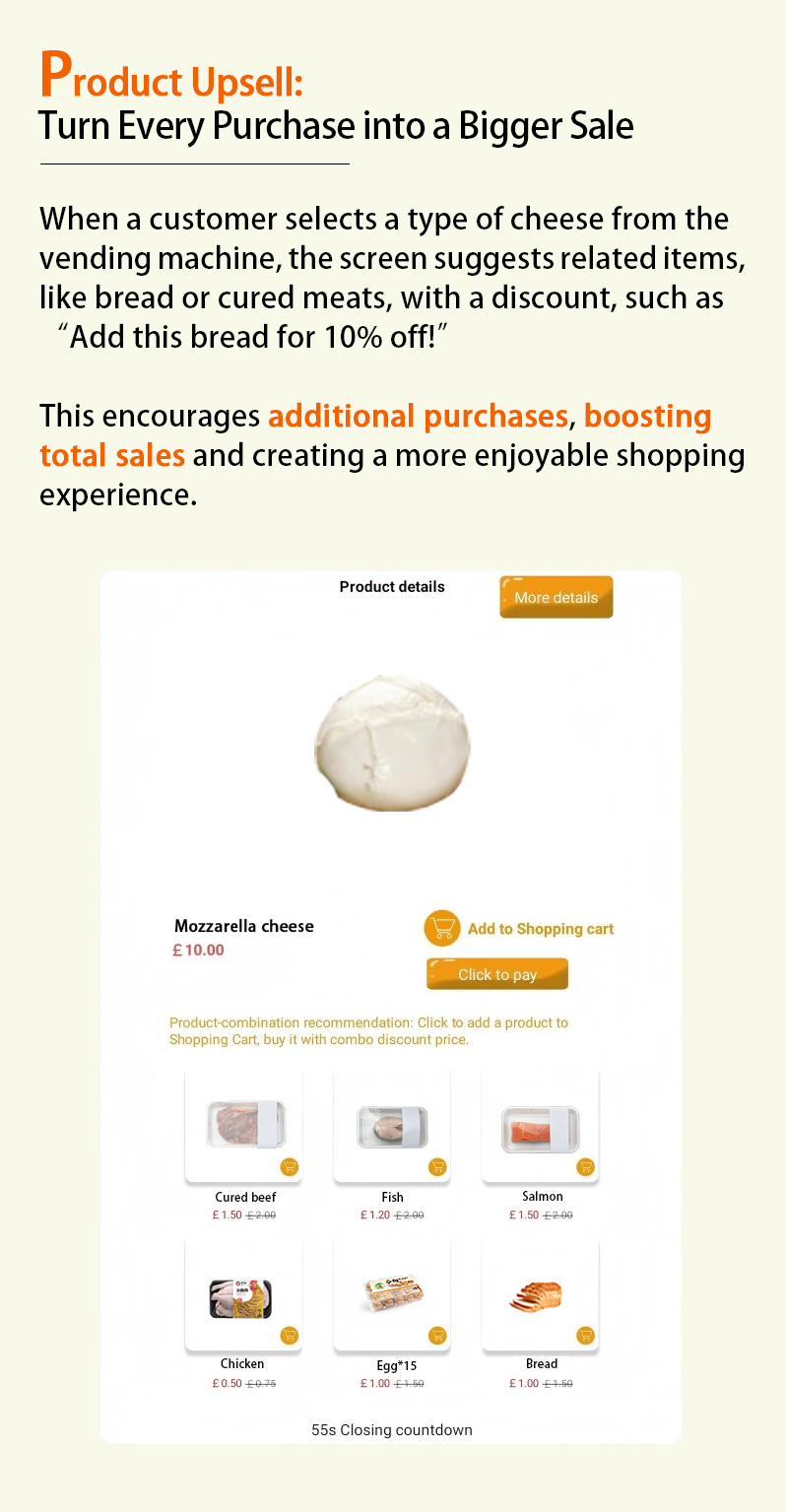 Weimi dairy vending machine with the function of product upsell to turn every purchase into a bigger sale. this encourages additional purchases, boosting total sales and creating a more enjoyable shopping experience
