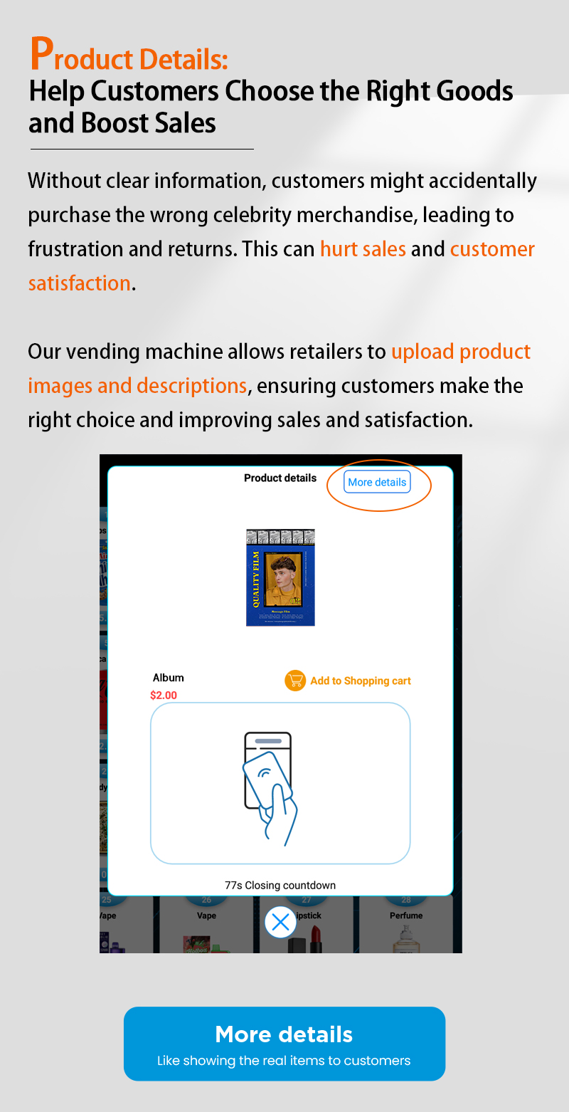 weimi vending machine for fans with 21.5 touchscreen for uploading clear information of products, ensuring customers make the right choice and improving sales and satisfaction