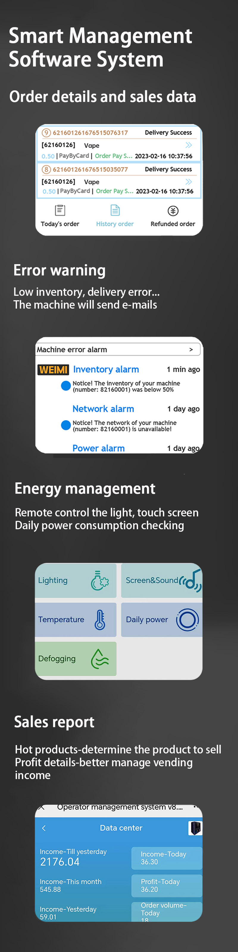 Weimi e-cigarette vape vending machine with smart management software system. the clubs and bars owners can check details and sales data remotely, receiving emails alert when anomaly