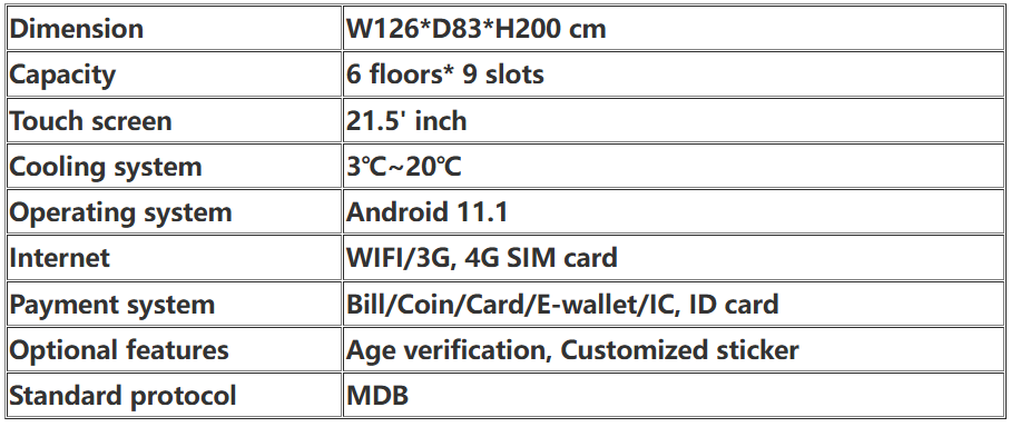 The specification of weimi snack and drink vending machhie with Amazon Cloud R290 refrigeration system 3~20C