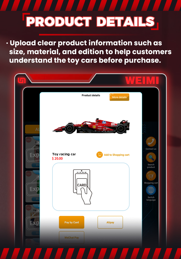 Racing car model vending machine with products details uploading to help customers understand the toy cars before purhcase