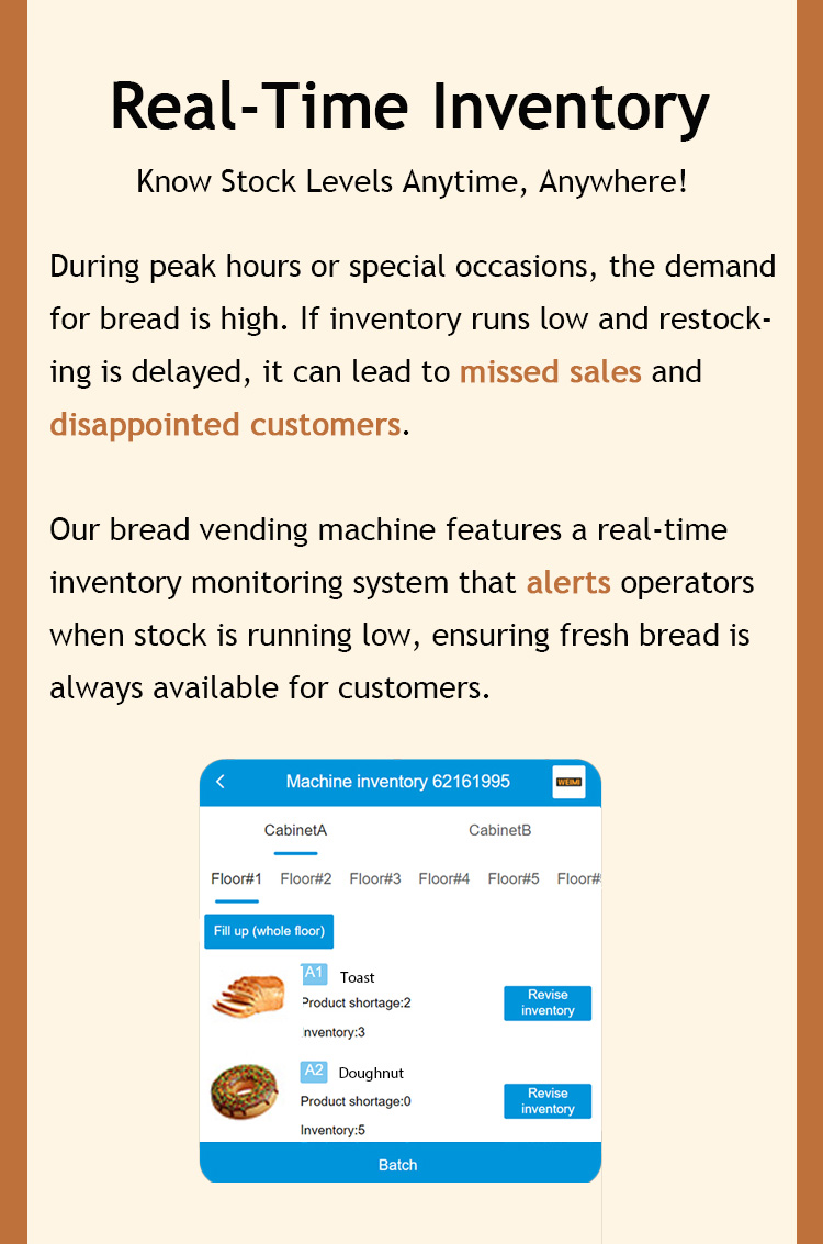 weimi vending machine for bread with the function of real-time inventory. During peak hours or special occasions, the demand for bread is high,. if inventory runs low and restocking is delayed, it can lead to missed sales and disappointed customers. Our bread vending machine features a real-time inventory monitoring system that alerts operators when stock is running low, ensuring fresh bread is always available for customers