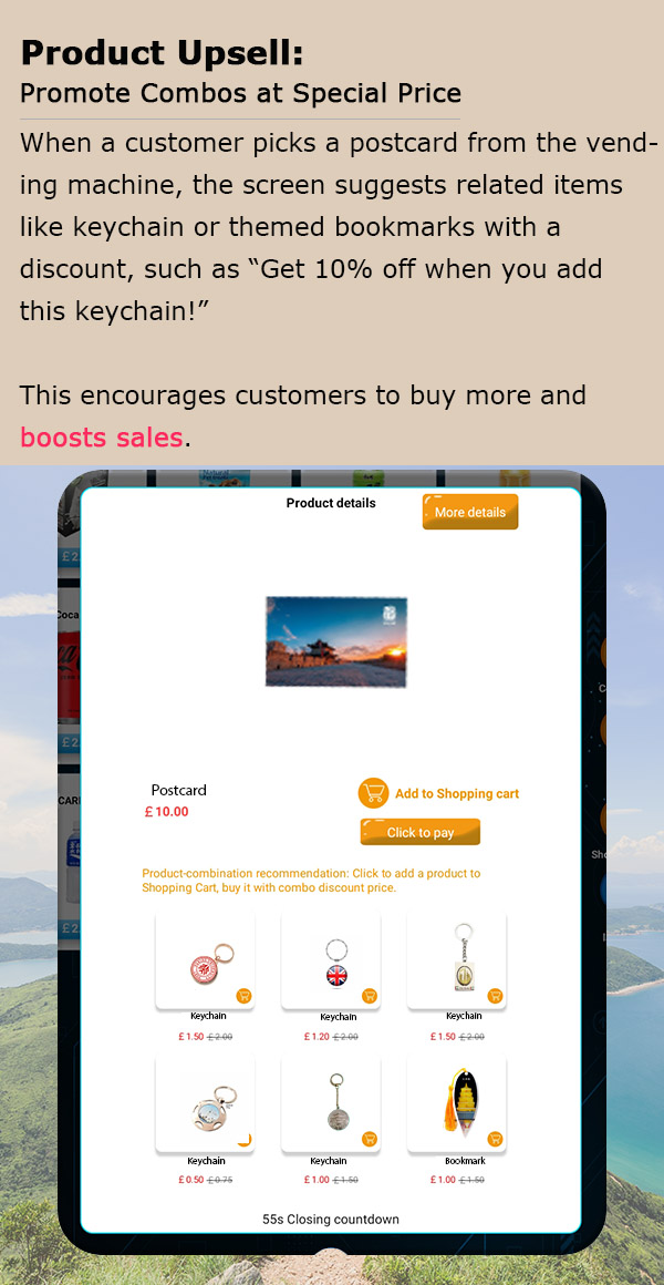 Weimi airport postcard vending machine with the function of product upsell. this encourage customers to buy more and boosts sales