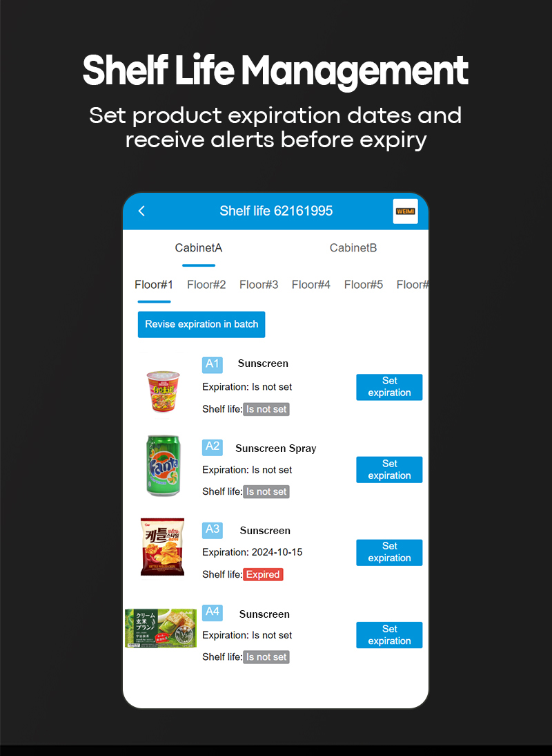 Le distributeur automatique de boissons et de snacks intelligent Weimi peut vérifier la durée de conservation des marchandises, les utilisateurs peuvent définir les dates d'expiration des produits et recevoir des alertes avant expiration via leur téléphone ou leur ordinateur.