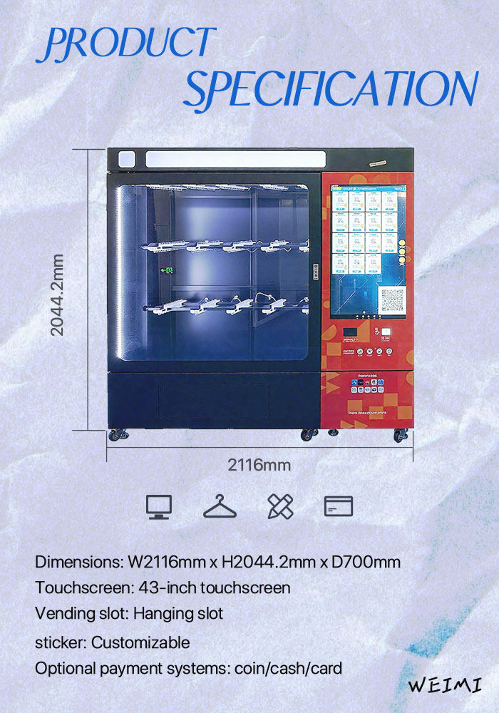 product specification of Clothing Vending Machine: Large Volume, 43-Inch Touch Screen, Hanging Slots