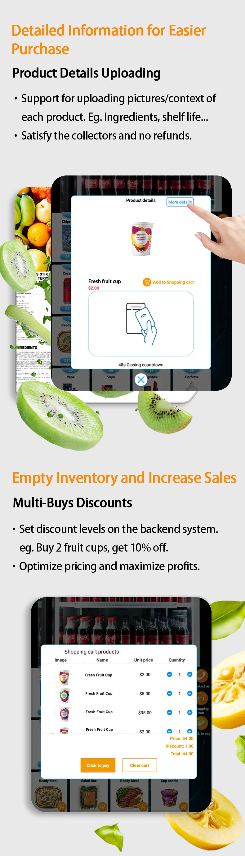 Weimi Fresh Fruit Cup Vending Machines with Touchscreen and Cooling System for Malaysia. detailed information checking for satisfying customers and no refunds. with discounts to encourage more purchases and empty inventory