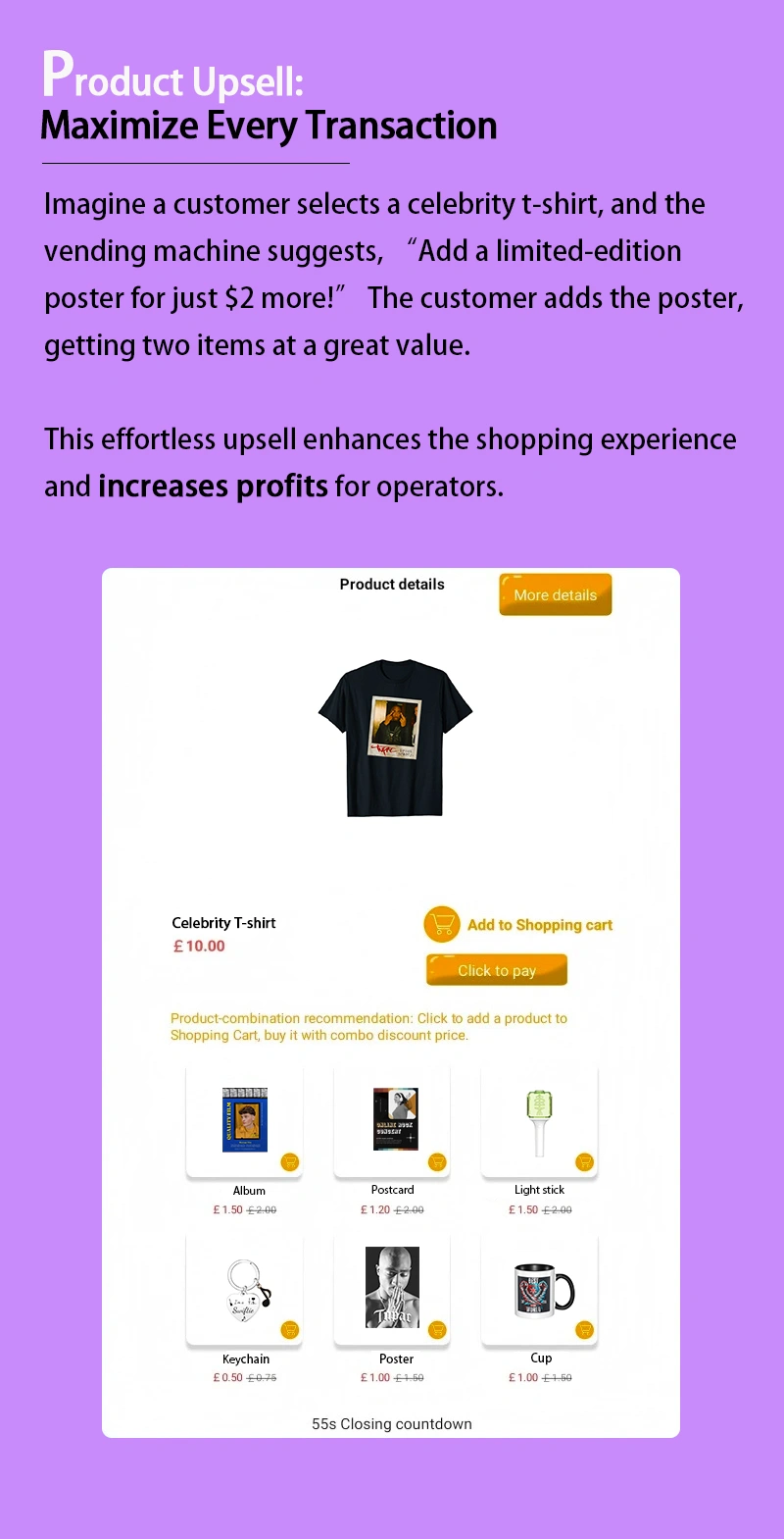 weimi large capacity vending machine for celebrity merchandise. product upsell can maximize retailers' profits. if the customer adds the extra goods on the recommodation mode, they can get two items at a great value