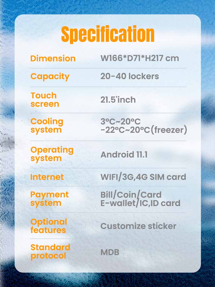 the specification of weimi frozen meat vending machine with 22'inch touchscreen for brand promotion