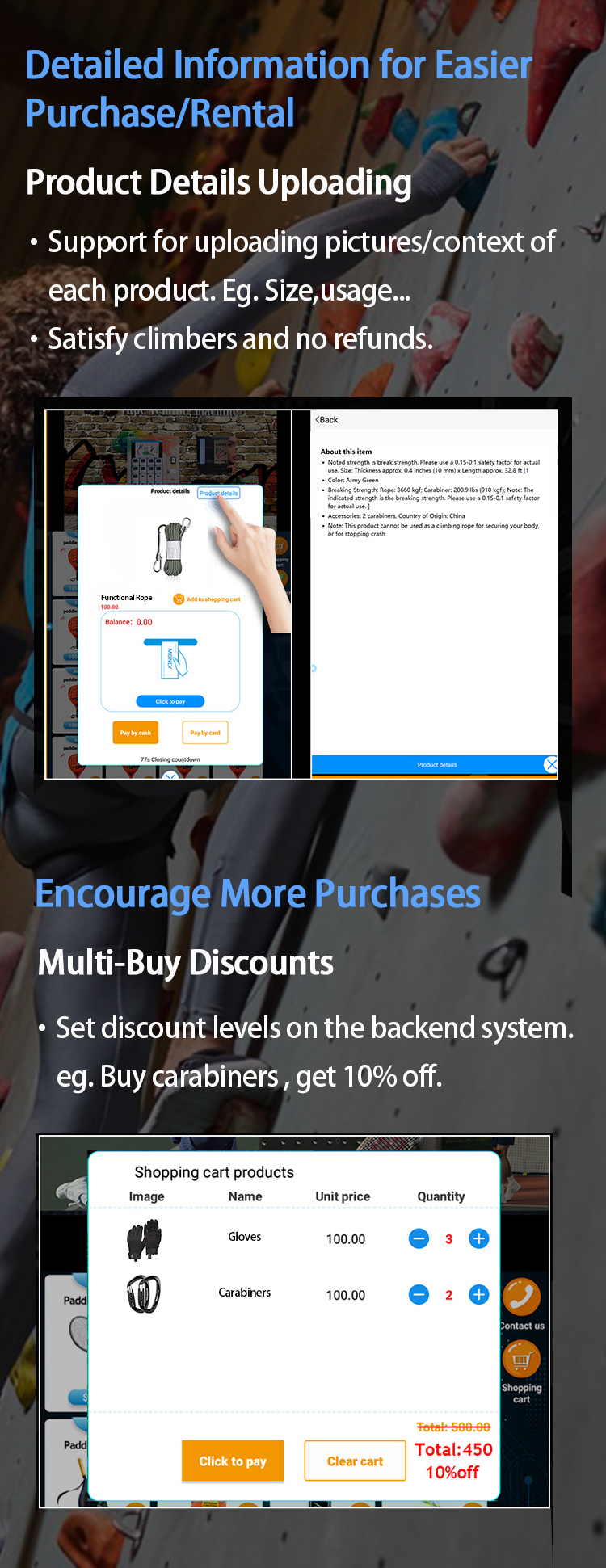 Weimi self-service climbing equipment vending machine for climbing gym.our smart software system can check details of products to help climbers choose the right goods and the machines can set discounts level to encourage more purchases