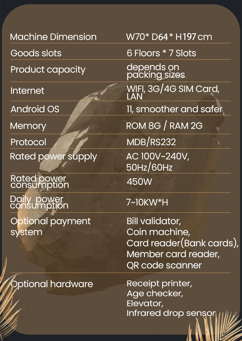 the specification of weimi vape vending machine for adults. our machines has large capacity with slim body design for space-saving.