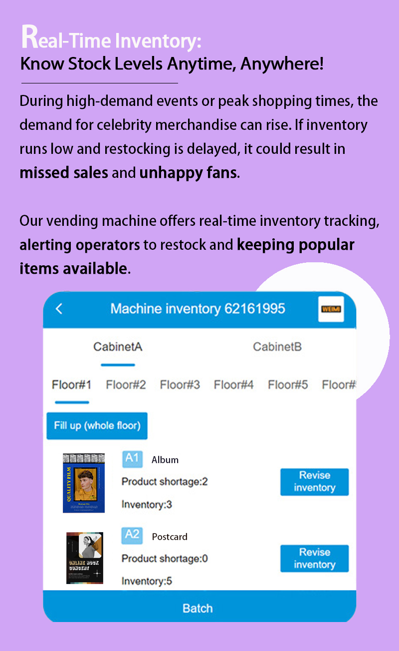 weimi touchscreen vending machine for merchandise with the function of real-time inventory. retailers can timely restock their goods and keep popular items available