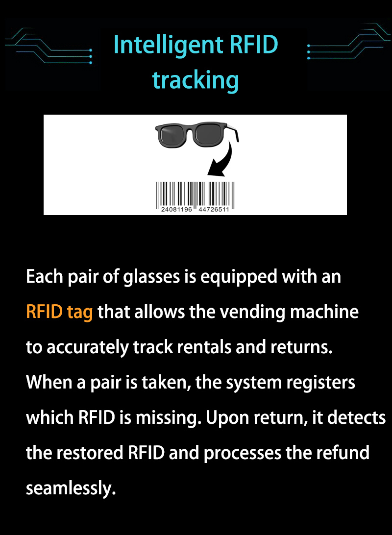 How our intelligent RFID tracking work? Our rental vending machine for glasses is equipped with an RFID tag that allows the vending machine to accurately track rentals and returns.