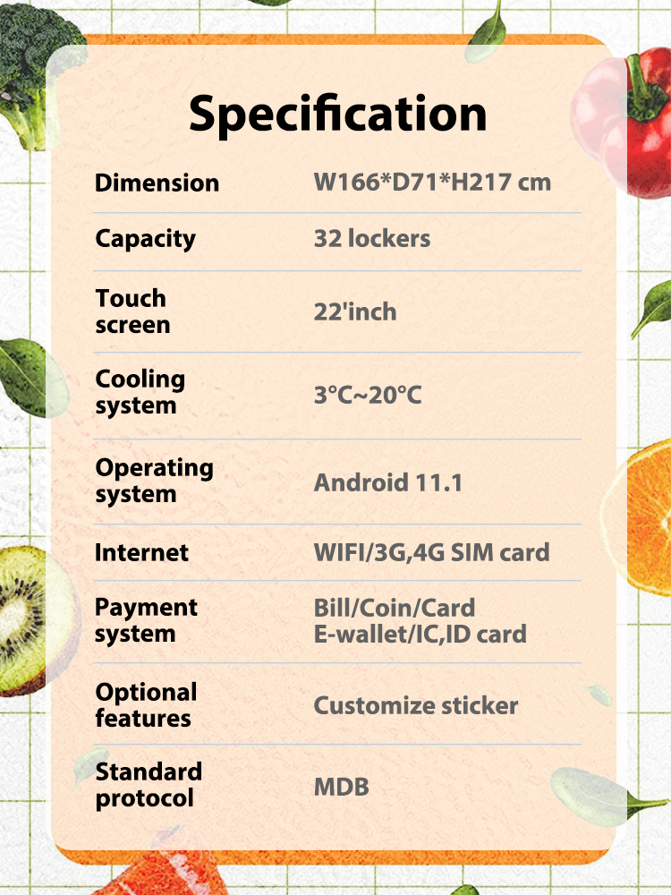 the specification of weimi meal locker vending machine.Our machines have cooling system for making sure the freshness of food