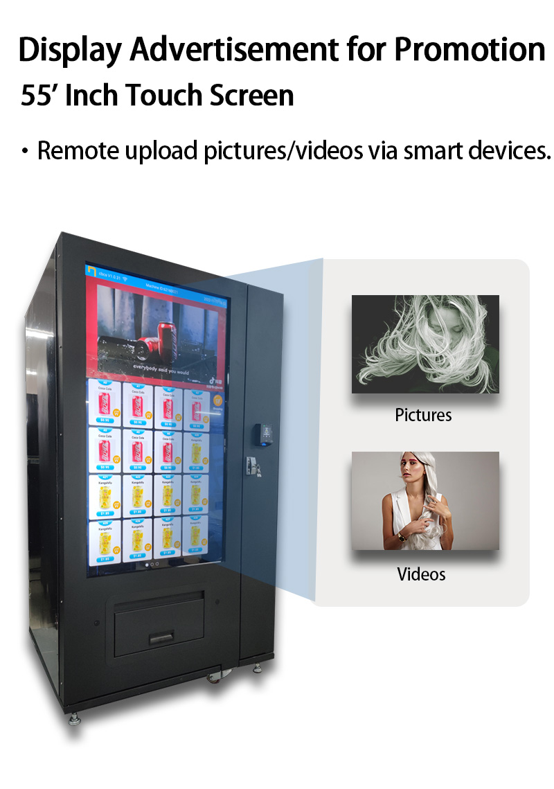 Weimi customized hair vending machine for selling hair wigs, hair shampoo and hare care products. Our machines have 55'inch touchscreen for brand promotion