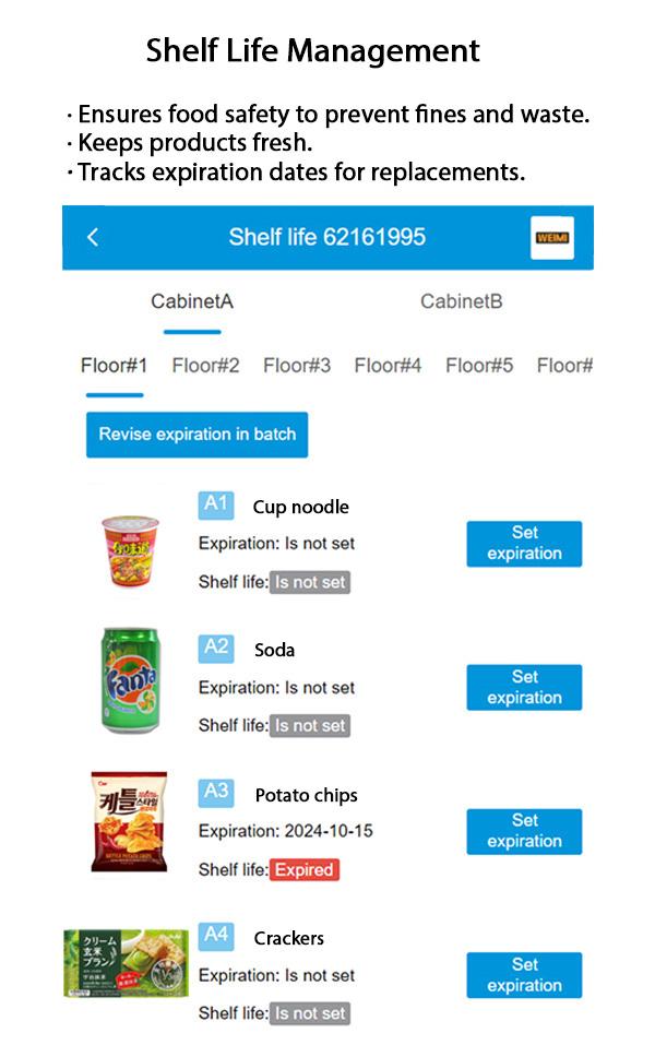 weimi smart snack drink vending machine can check shelf life of the goods, users can set products expiration dates and receive alerts before expiry through their phones or cpmputer