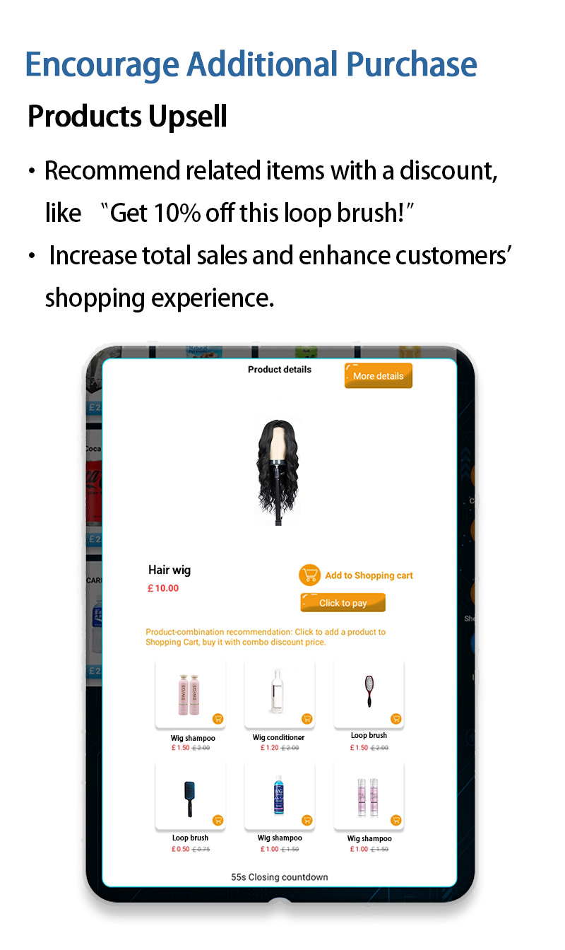 Customized Hair products Vending Machine with 55 inches Touchscreen and Smart Software System. retailers set product upsell to increase total sales and enhance customer's shopping experience