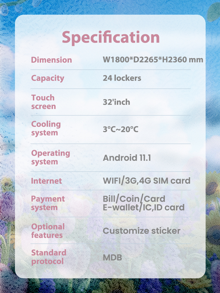 the specification of weimi fresh flower locker vending machine. with cooling system for keeping fresh