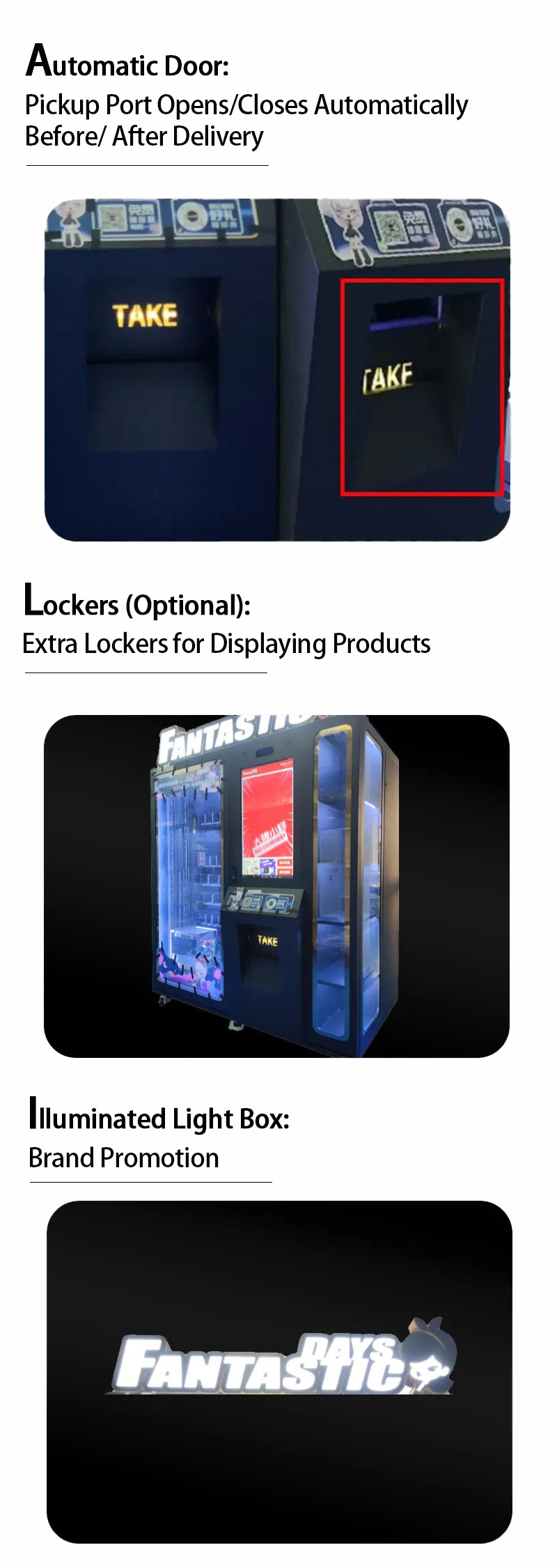 Weimi vending machine in museum with automatic door for prevention hurt of hands, the extra lockers on beside for displaying or selling large capacity products