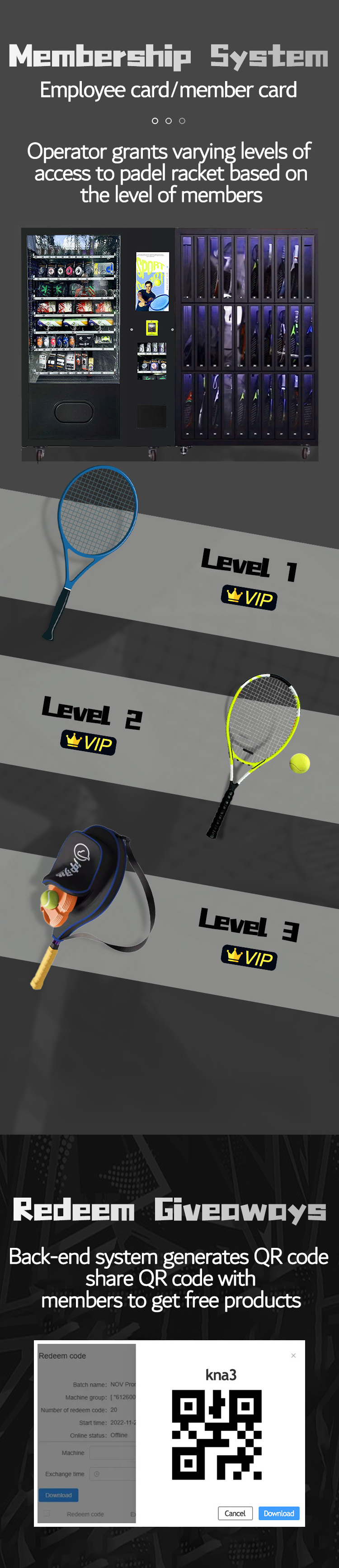 Weimi padel kiosk with membership system. operators can grant varying levels of access to padel racket based on the level of members