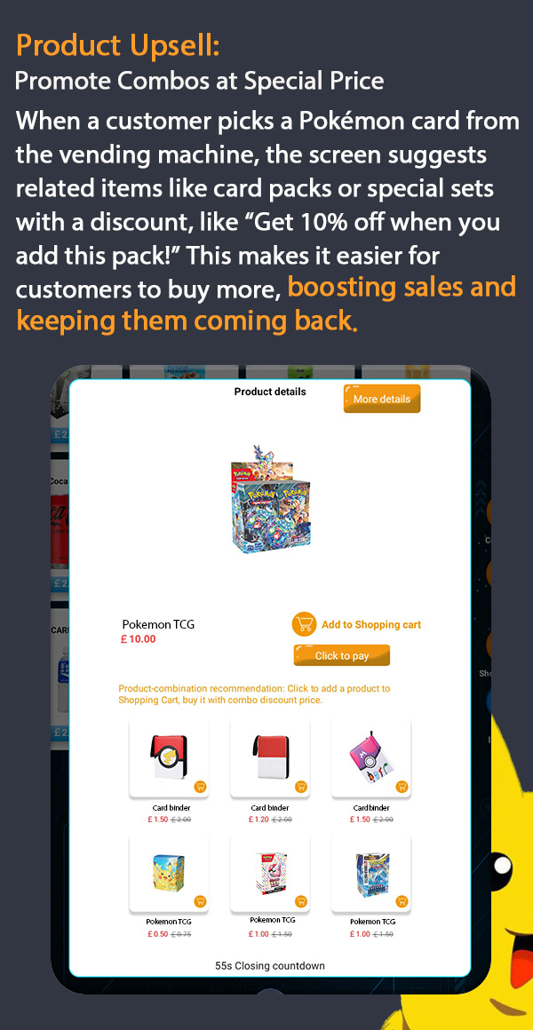 weimi pokemon card vending machine , our vending machine supports promoting combos at special price, this function can boost sales and keep customers come back.