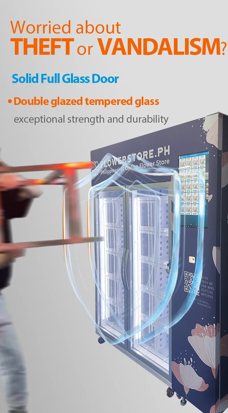 Weimi flower vending machine for sale with solid full glass tempered glass, exceptional strength and durability