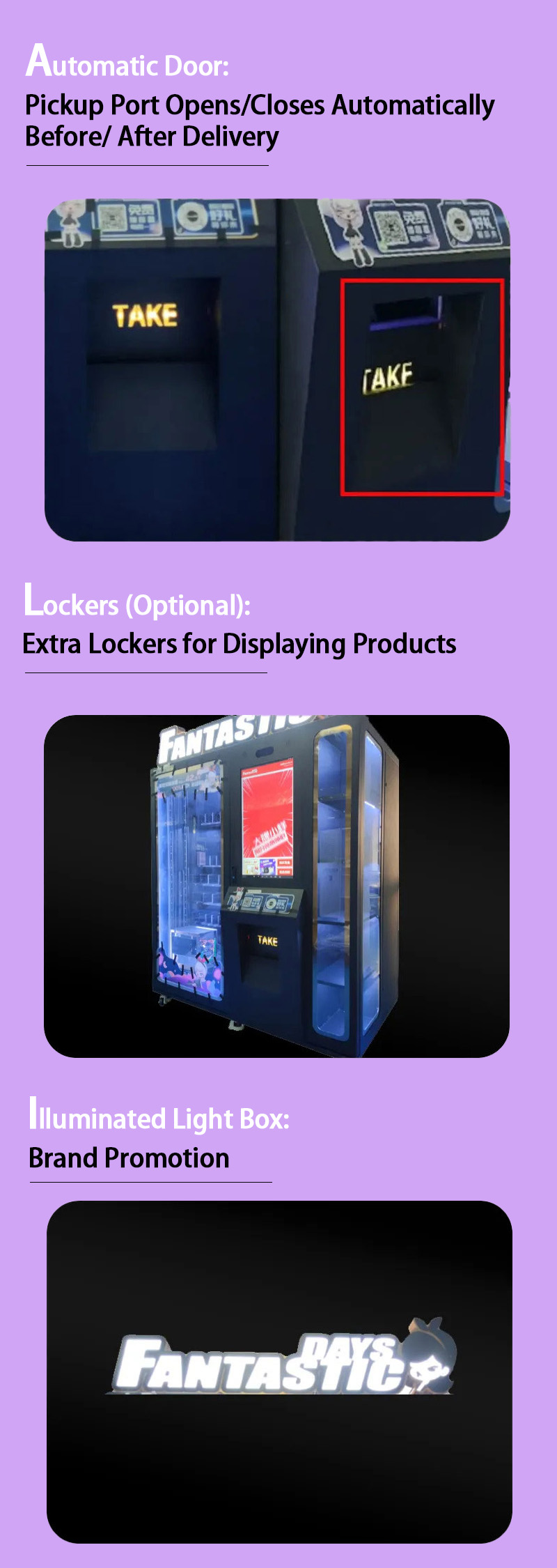 fantastic celebrity merchandise vending machine with automatic door, optional lockers, illuminated light box for bran promotion and customized light strips for decoration