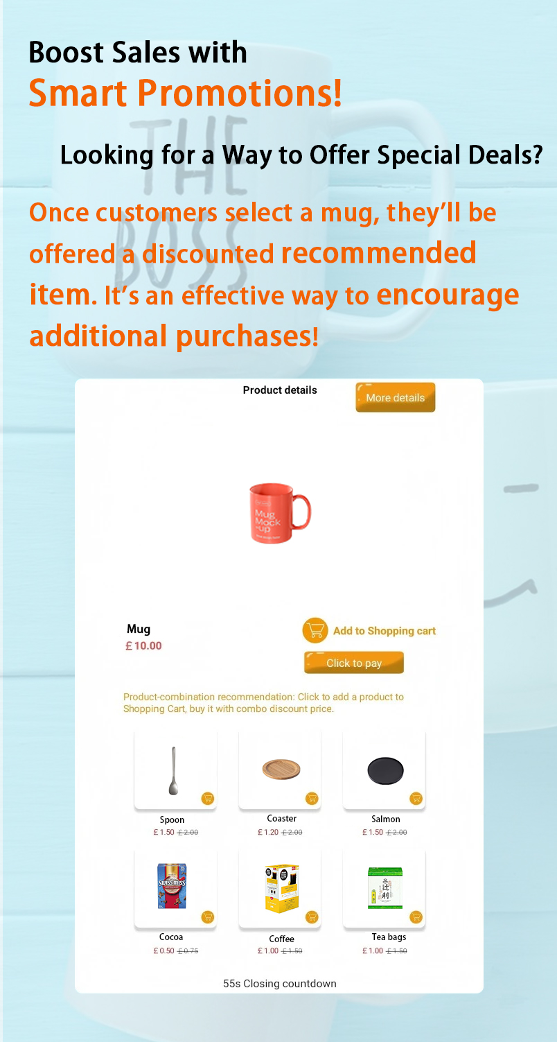 Smart Weimi vending machine with promotion mode. once customers select a mug, they'll offerd a discounted recommended item. it's an effective way to encourage additional purchases