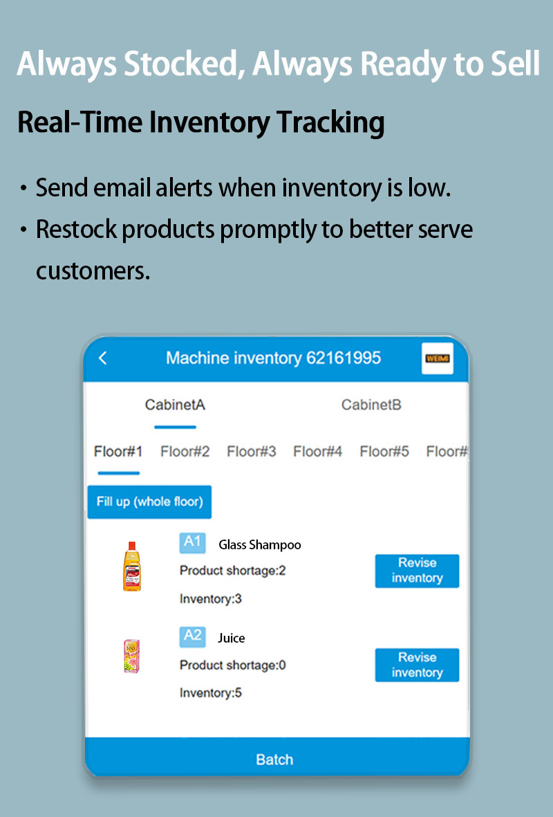 weimi is car wash vending machine supplier,with touchscreen. real time inventory to monitor stock levels to prevent out-of-stock situations. retailers can remotely manage their products and don't need to go travel to their vending machines