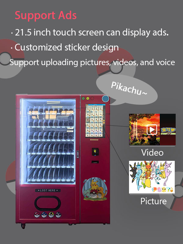 weimi pokemon tcg vending machine support ads. 21.5 inch touchscreen can display ads, and we support customized sticker design.