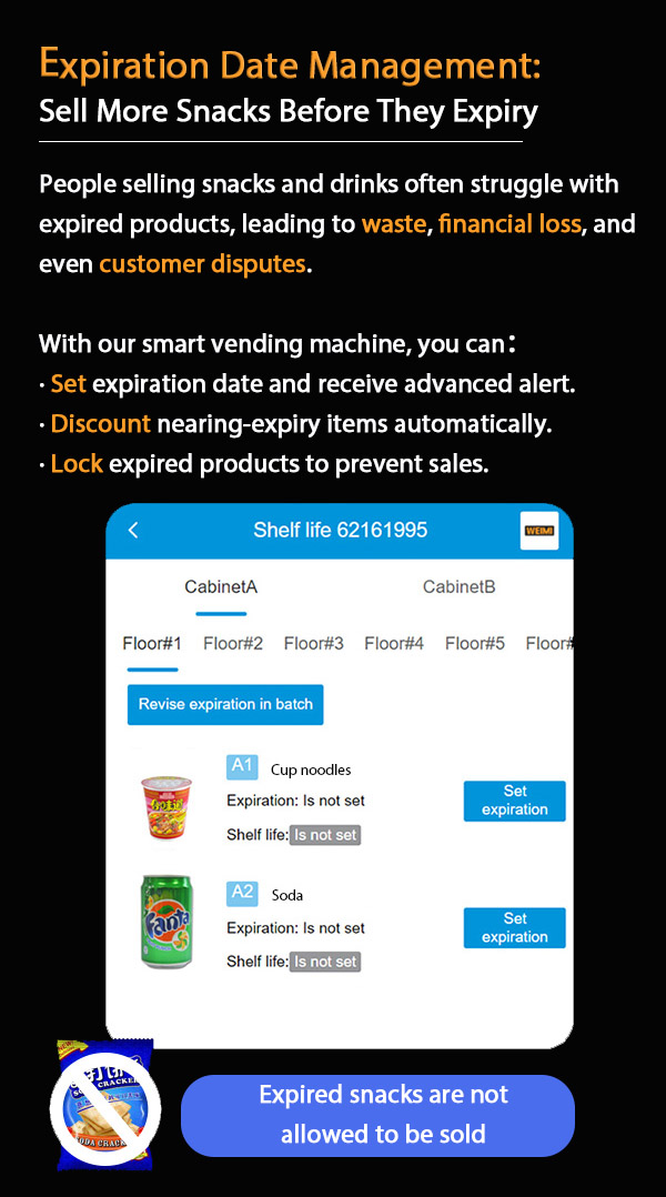 weimi waterproof vending machine for selling snacks and beverages. we owns expiration date management to help you sell more snacks before they go to waste, and email notification to restock products in time