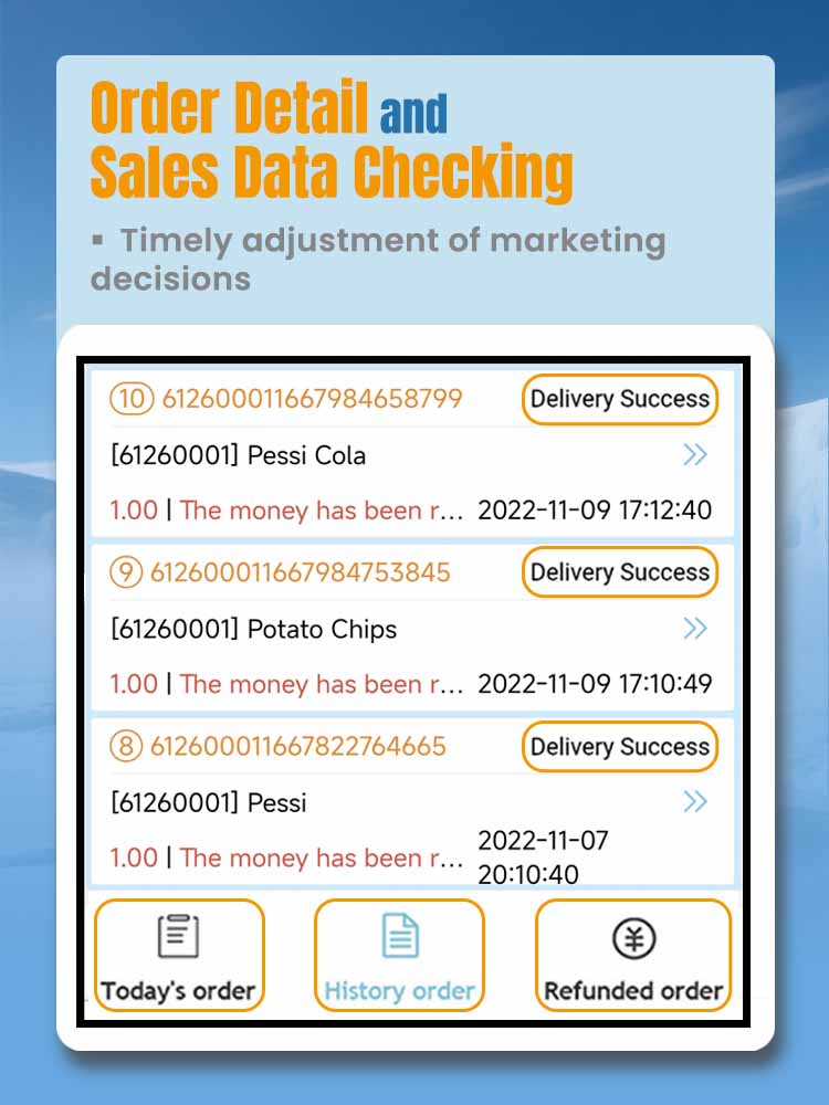 Weimi frozen food vending machine with smart management system for checking order detail and sales data checking, timely adjustment of marketing decisions