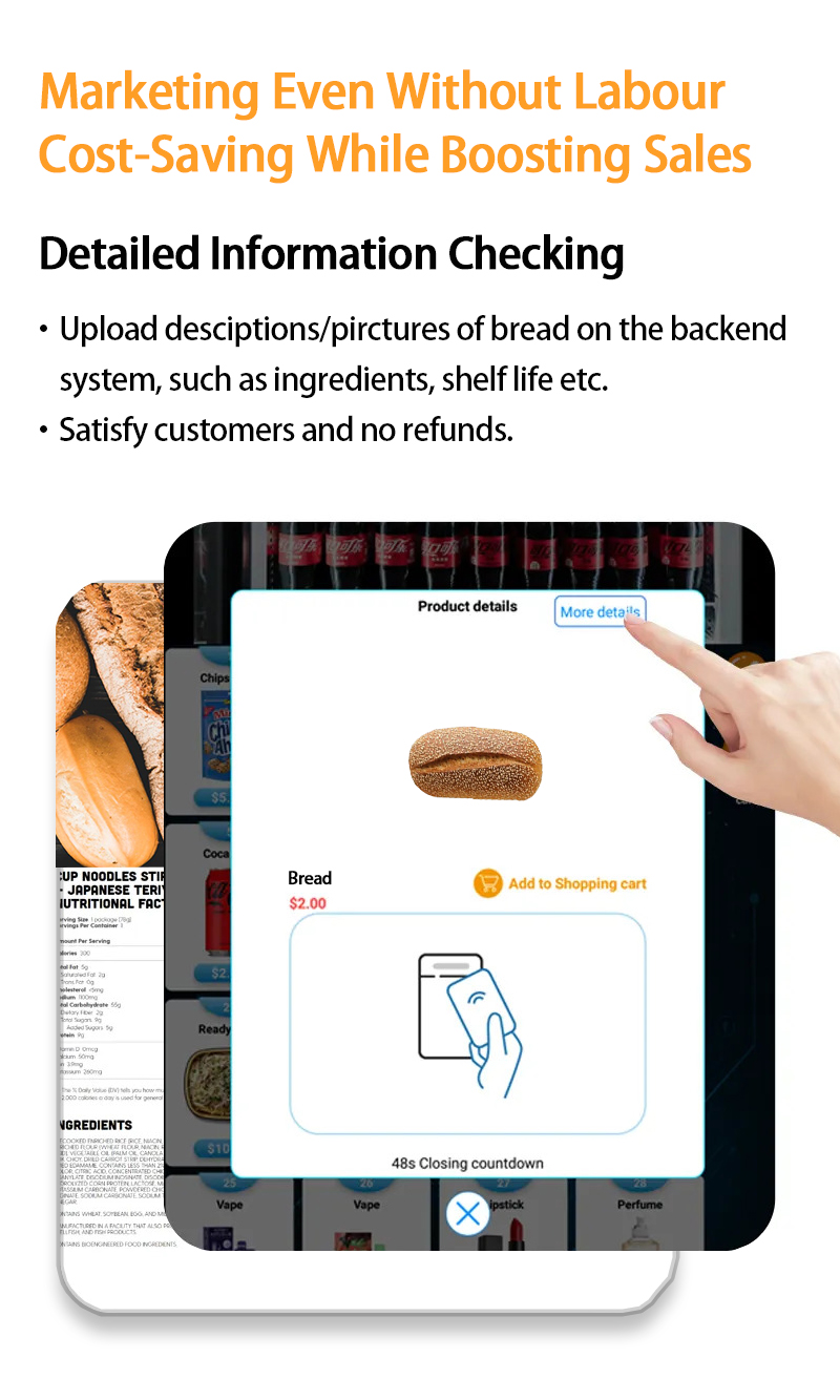 Weimi bread vending machine is the best unmanned retail solution for bakery stores. Retailers can do marketing even without labour, cost-saving while boosting sales. our 21.5 inch touchscreen is available for uploading descriptions/pictures on the backend system