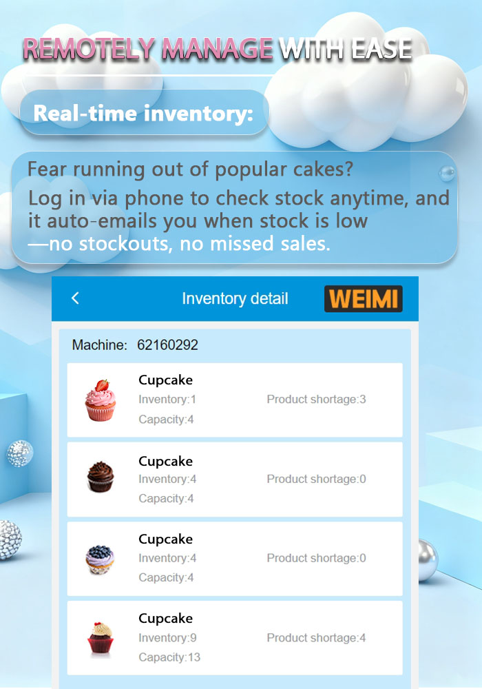 weimi cupcake vending machine with xy axis elevator for sale. it's the best retail solution for bakery . with real-time inventory help retailers to intelligently manage stock levels of cupcakes