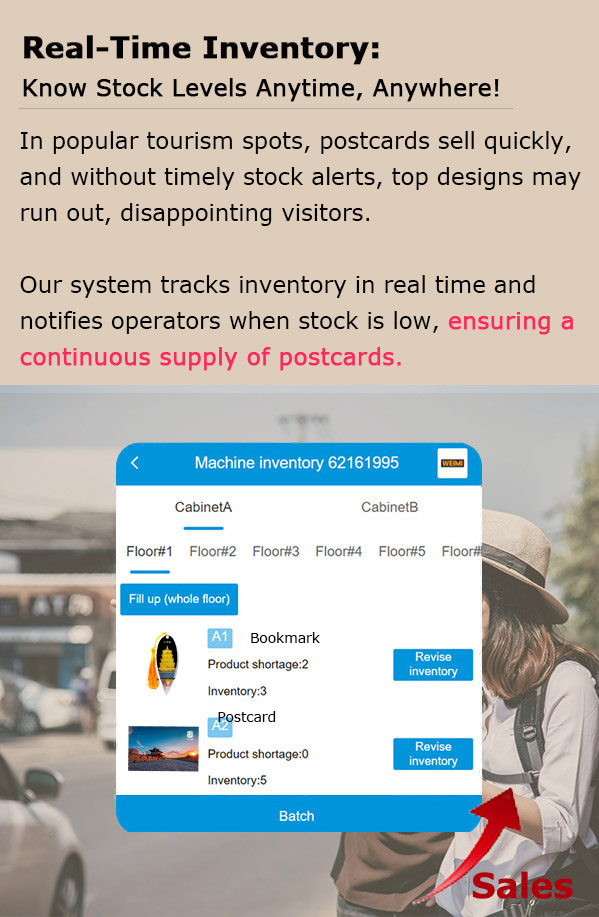 Weimi tourist postcard vending machine with the function of real-time inventory. in popular tourism spots, postcards sell quickly, and without timely stock alerts, top designs may run out, disappointing visitors. our system tracks inventory in real time and notifies operators when stock is low, ensuring a continuous supply of postcards