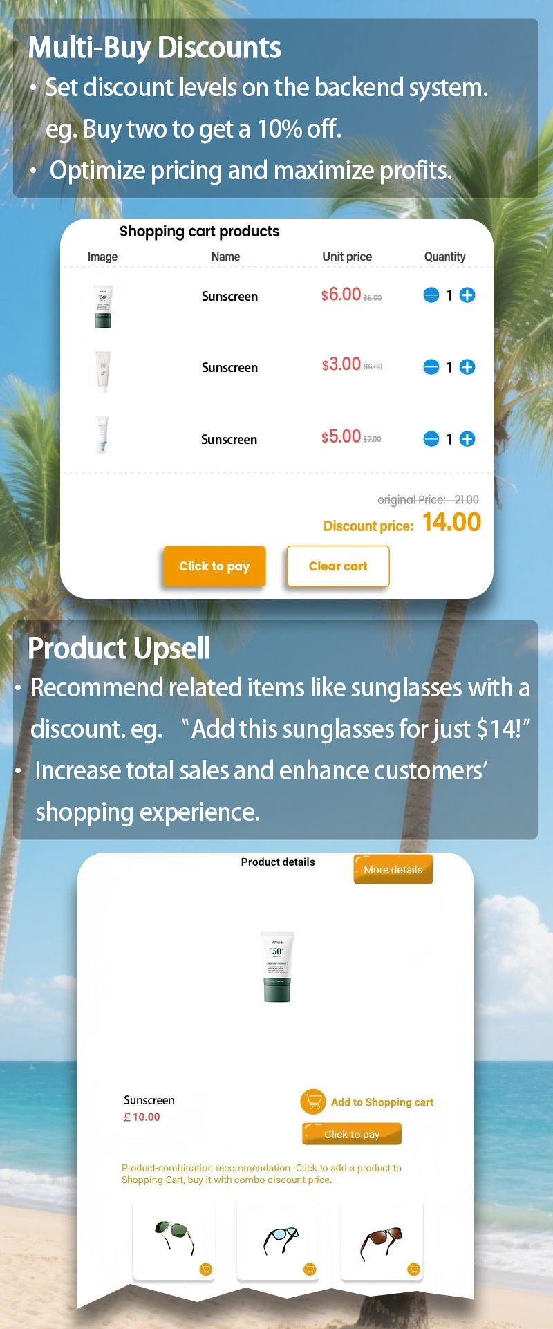 Weimi smart vending machine for sunscreen on beachside with marketing tools such as multi-buy discounts and product upsell to encourage more purchases