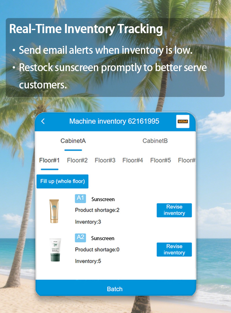 Weimi public sunscreen dispenser vending machine in park for sale. With inventory tracking for prompt restock of sunscreen and other products