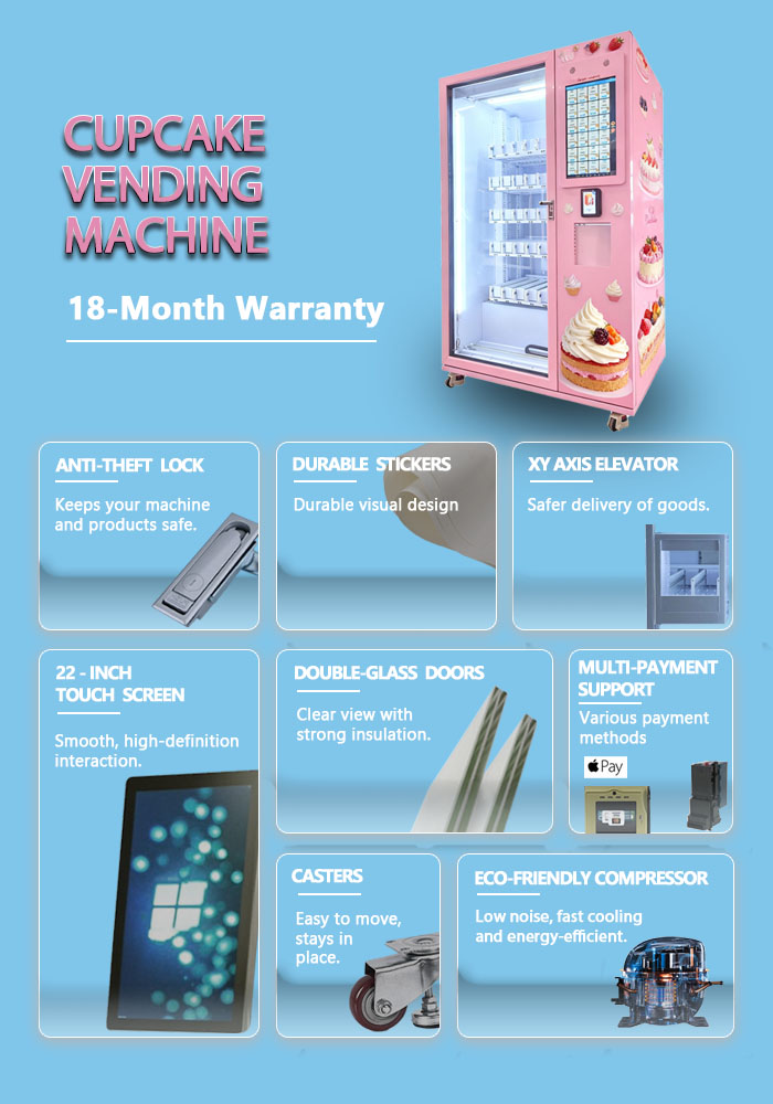 weimi smart bakery vending machine with double glazed door, preventing theft loss. we have top-branded cooling system to prevent expiring of foods, and auto-defogging system can clear customers' vision