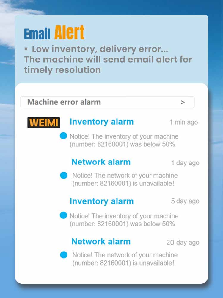 Weimi oyster lobster vending machine with email alert for receiving timely warning of low inventory, delivery error...