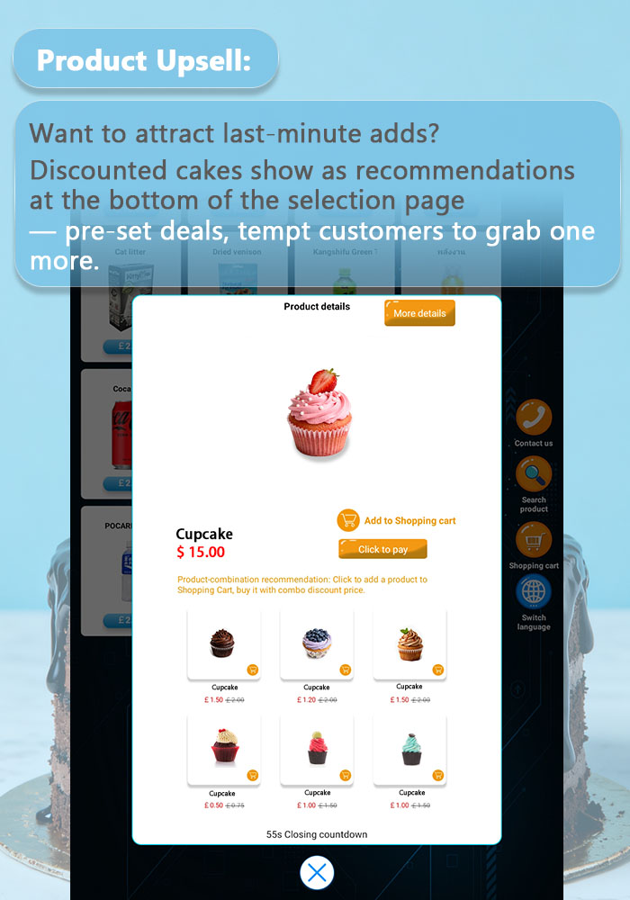 Weimi automatic cup cake vending machine with product upsell. Pre-set deals, tempt customers to grab one more