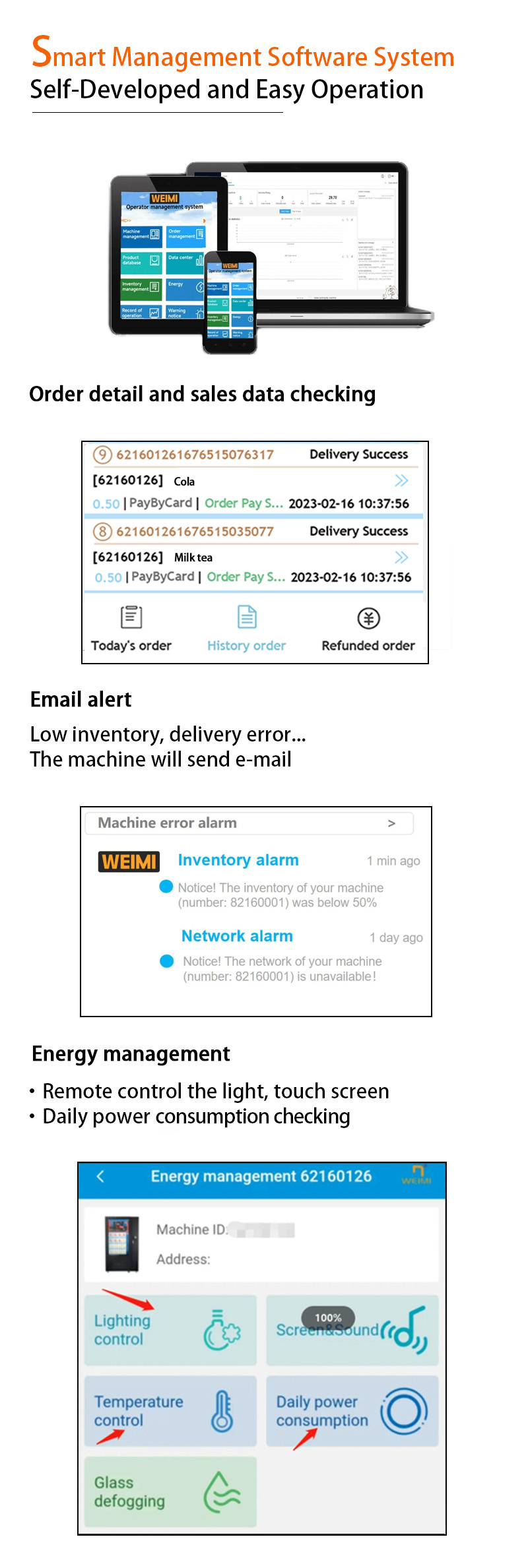 Weimi chicken egg vending machine with smart management software system. our software is self-developed and easy to operate. retailer can check order detail and sales data, the machines also will send email alert for low inventory...Remote control the light, touchscreen via their smart phones