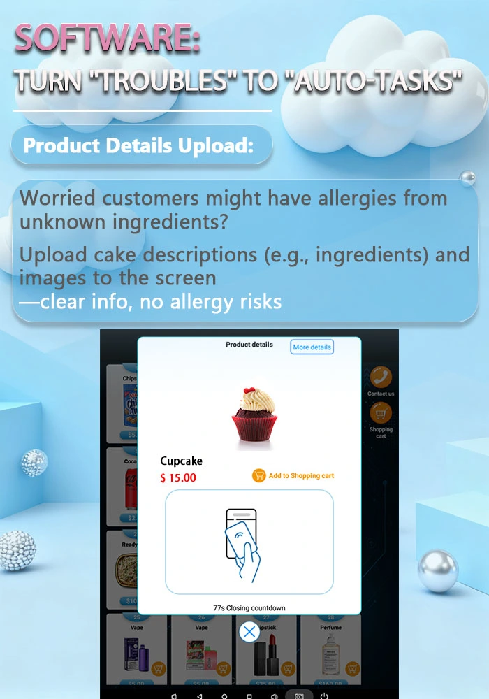 weimi automatic cupcake vending machine with 21.5 inch touchscreen for detailed checking of information. Products info display helps customers to choose the right goods..weimi custom cupcake vending machine for unmanned retail. with out machines to encourage more purchase of cupcakes, breads,etc. our machines supports for setting discounts levels on your smart phone without using computers