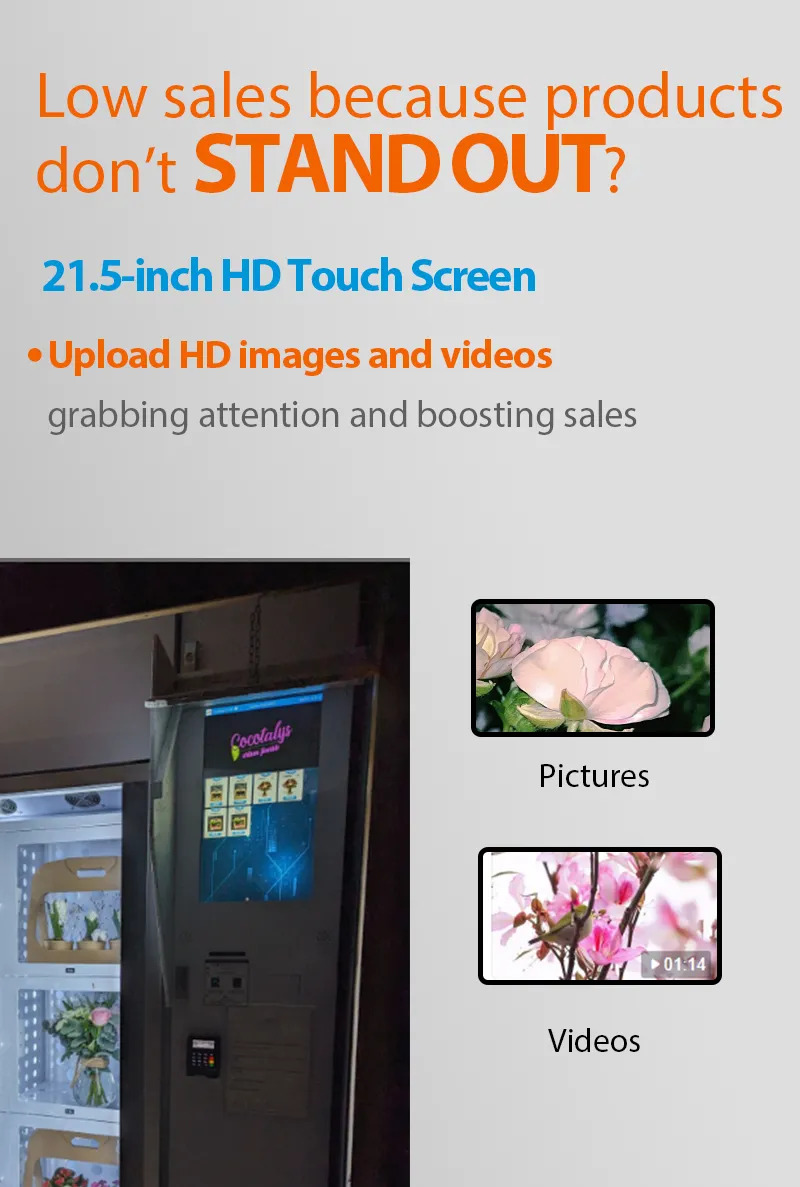 Weimi floral vending machine with 21.5'inch touch screen, flower store owners can upload HD images and videos to grab customers' attention and boost sales
