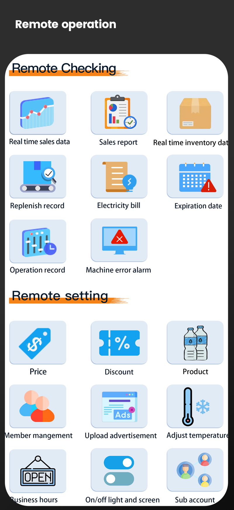 Our large touchscreen vending machine with smart management system can remotely check and set