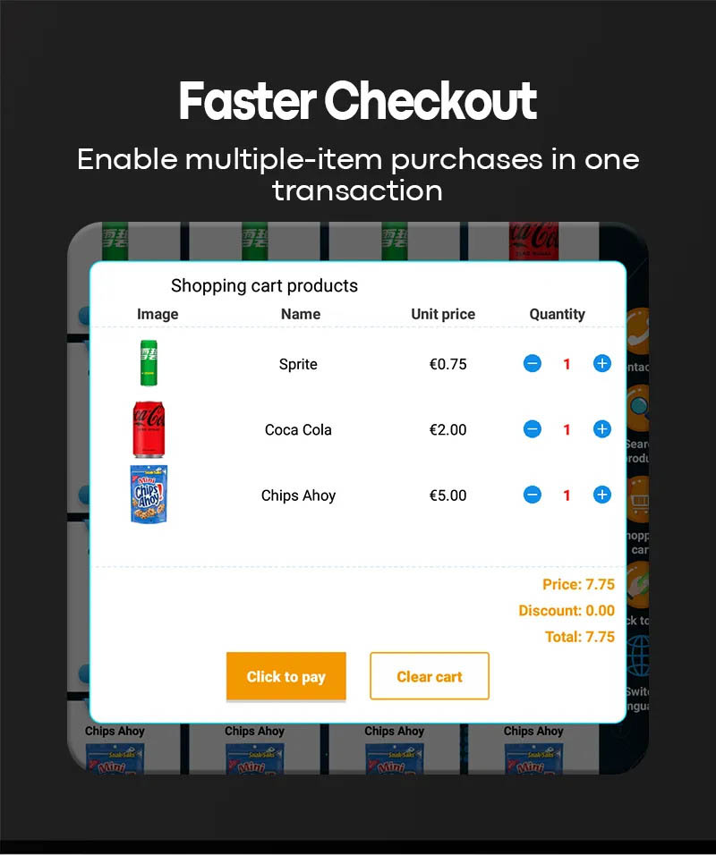 Weimi Food Drink Cigarette Vending Machine with Middle Pick-up Touch Screen and Top Screen. faster check out enables multiple=item purchases in one transaction