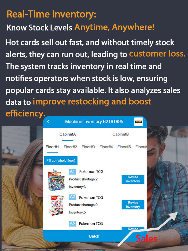Weimi wall-mounted type pokemon trading card vending machine with real stock checking, retailers can know stock levels as they want anytime anywhere