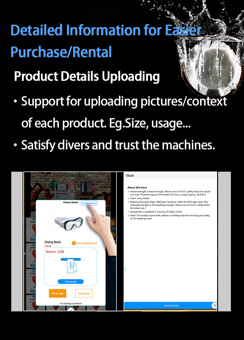 Weimi underwater equipment vending machine with detailed information for easier purchase/ rental.