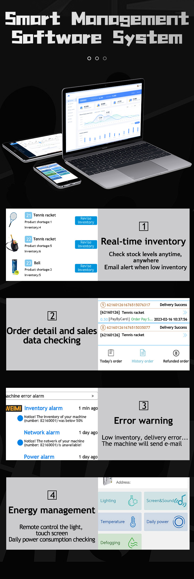 Weimi vending machine for sports equipment vending machine with smart software system . retailers can check stock levels anytime, anywhere, they can also check order detail and sales data checking. for low inventory or other emergency, the machine will send emails for alert