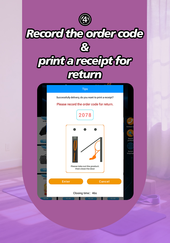 Record the order code and print a receipt for return. Easy operation process of Weimi tool rental vending machine