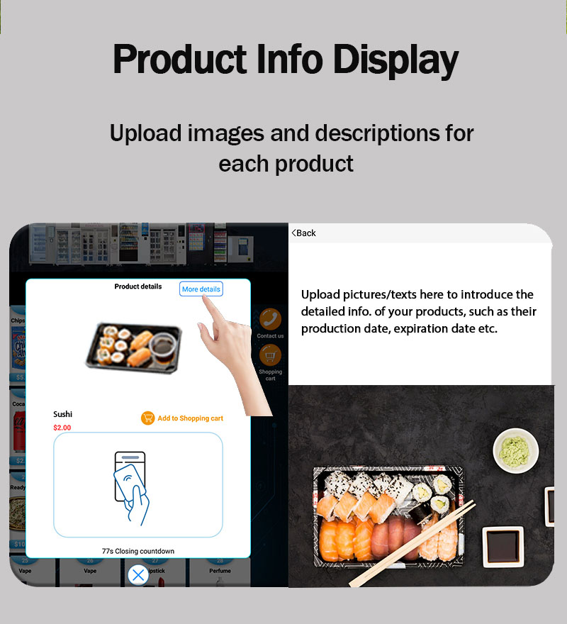 sushi machine dispenser. customers can check products info. by 21.5' inch touch screen